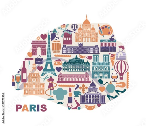 Vector stylized map of Paris with landmarks and symbols of France