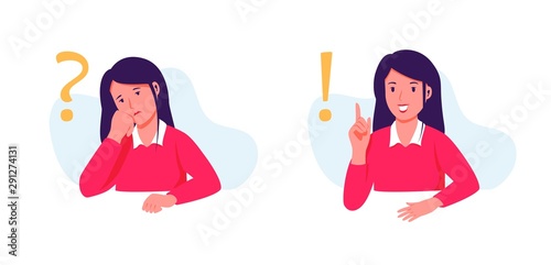 Young woman character. Student thinking, understands problem and finds successful solution, creative idea. Flat style vector illustration isolated on white background.