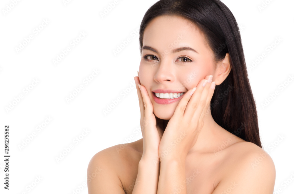 asian young beautiful woman smiling and touching her face, isolated over white background. natural makeup, SPA therapy, skincare, cosmetology and plastic surgery concept asian young beautiful woman smiling and touching her face, isolated over white background. natural makeup, SPA therapy, skincare, cosmetology and plastic surgery concept