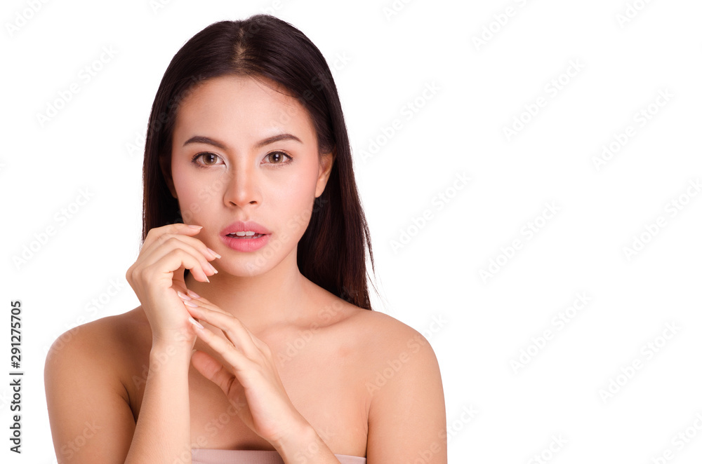 asian young beautiful woman smiling and touching her face, isolated over white background. natural makeup, SPA therapy, skincare, cosmetology and plastic surgery concept asian young beautiful woman smiling and touching her face, isolated over white background. natural makeup, SPA therapy, skincare, cosmetology and plastic surgery concept