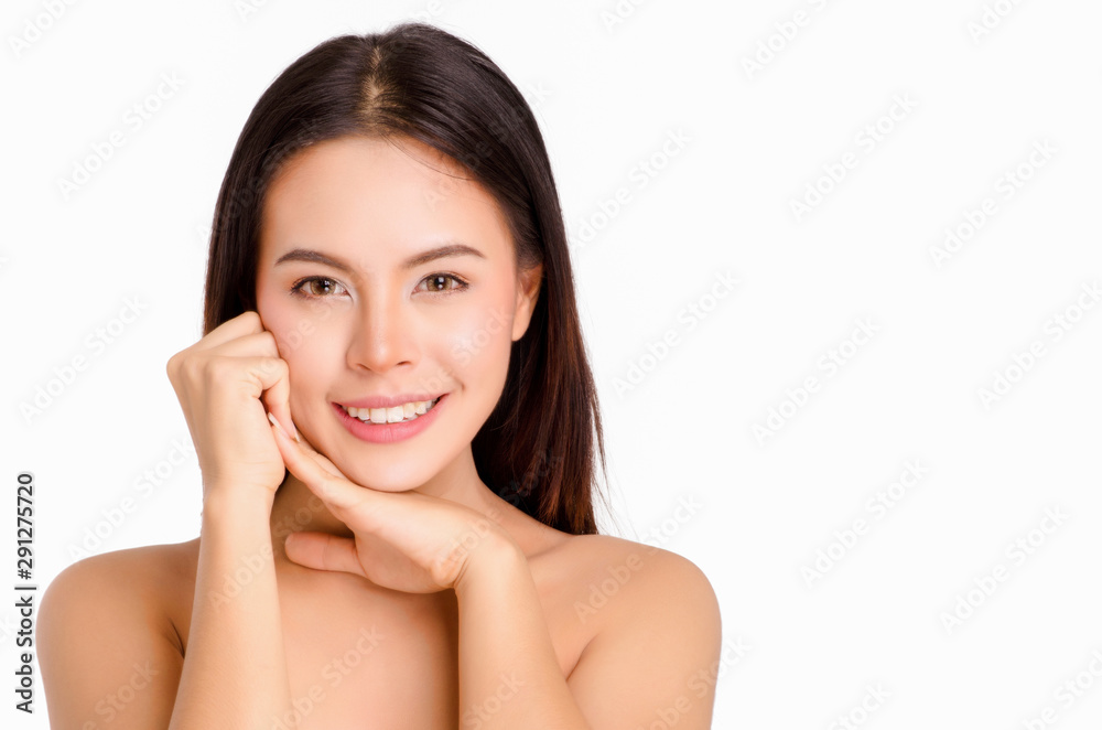asian young beautiful woman smiling and touching her face, isolated over white background. natural makeup, SPA therapy, skincare, cosmetology and plastic surgery concept asian young beautiful woman smiling and touching her face, isolated over white background. natural makeup, SPA therapy, skincare, cosmetology and plastic surgery concept