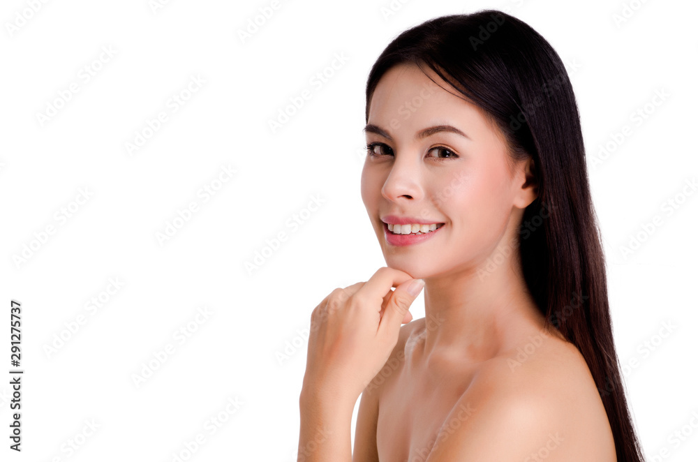 asian young beautiful woman smiling and touching her face, isolated over white background. natural makeup, SPA therapy, skincare, cosmetology and plastic surgery concept asian young beautiful woman smiling and touching her face, isolated over white background. natural makeup, SPA therapy, skincare, cosmetology and plastic surgery concept