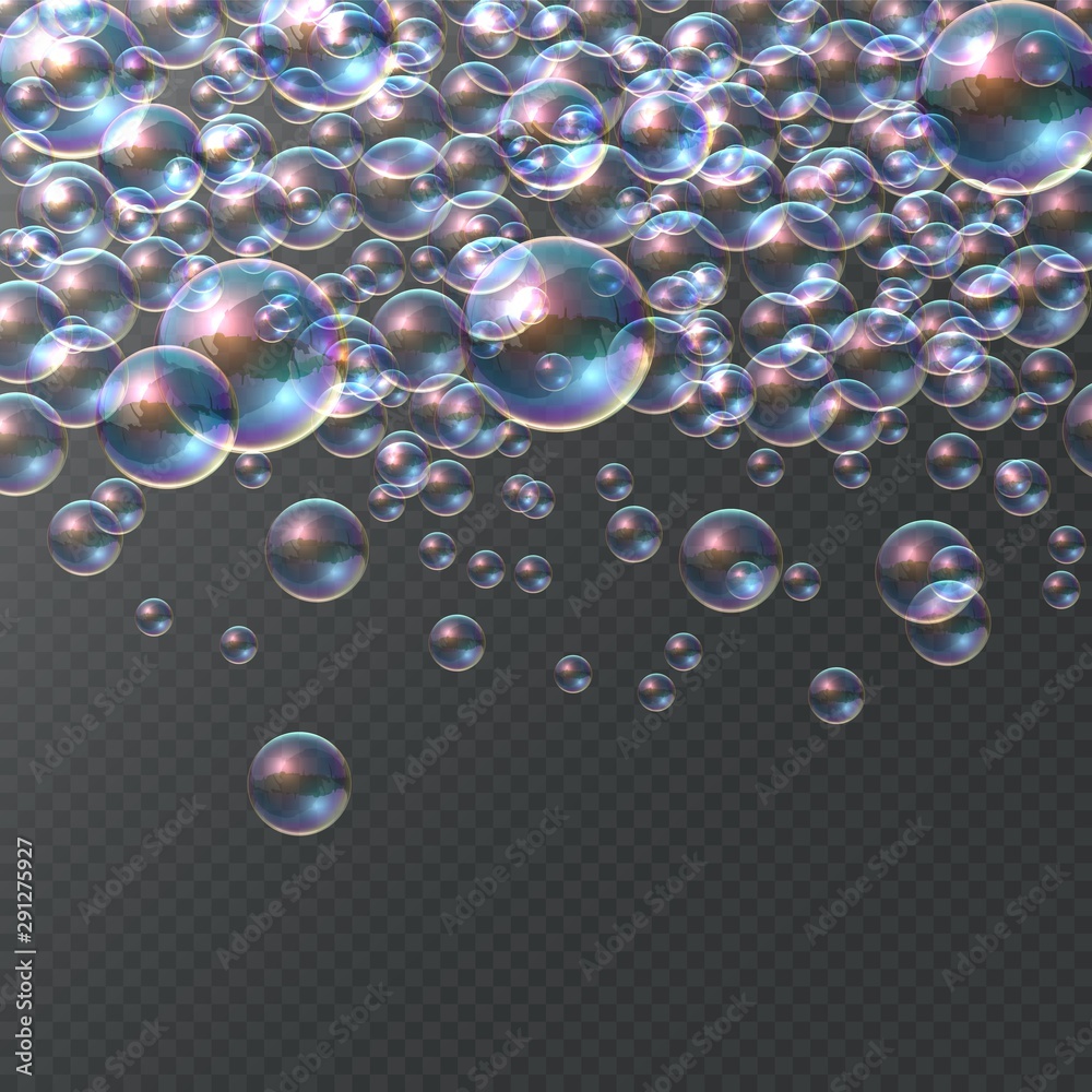 Soap bubble on transparent background. Realistic colorful 3D bubbles, rainbow clear shampoo falling ball. Vector illustrations underwater isolated round bubbling texture