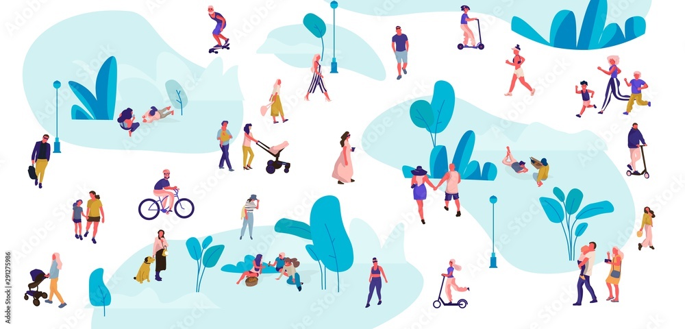 People in park. Trendy crowd walking, flat men and women on picnic doing yoga and summer exercises. Vector illustrations outdoor diverse activities and leisure with pets set People in park. Trendy crowd walking, flat men and women on picnic doing yoga and summer exercises. Vector illustrations outdoor diverse activities and leisure with pets set