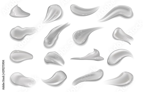 Gel smears. Realistic cosmetic texture hygienic cream for makeup. Vector illustration healthy creamy toothpaste blobs or moisturizer on white background