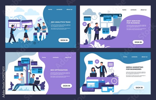 SEO landing page. Internet analytic, business and online marketing web site template. Vector digital illustration with flat cartoon characters banners for advertising website photo