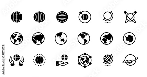 Globe icons. Geography and destination line and black symbol for web interface, planet country and world map icons design. Vector flat travel pictogram set with geographical outline earth photo