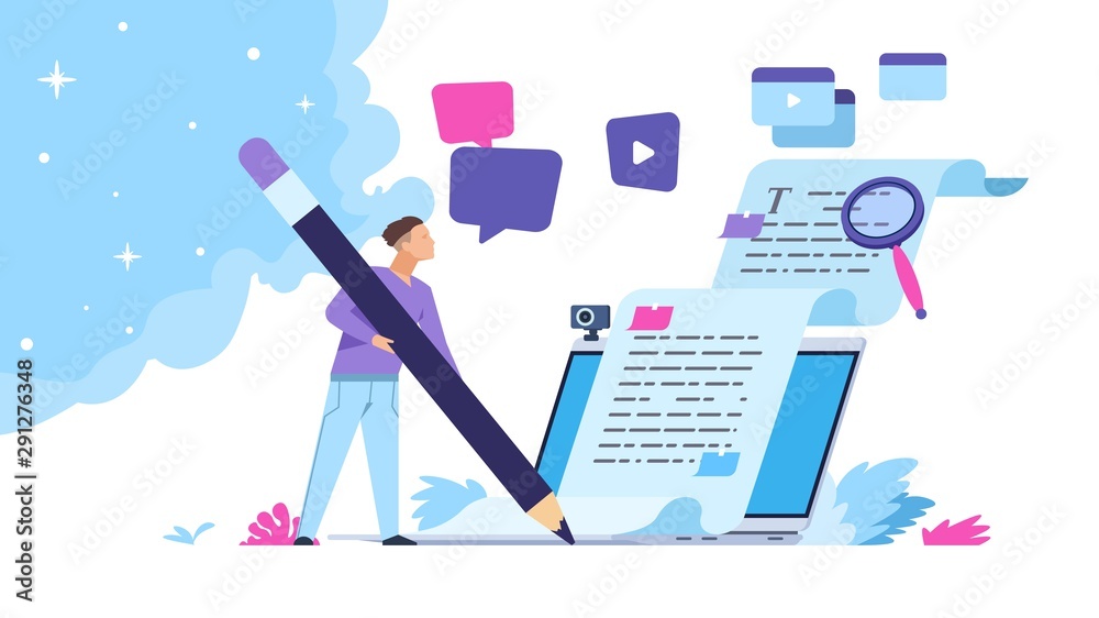 Content writer. Blog articles creation concept with people characters, freelance work business and marketing. Vector illustration creative online blog image with pencil and essays