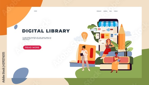 Reading people landing page. Characters with books concept, e-book reading and online studying. Vector illustration school and university library flat design banner for students education
