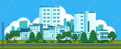 Cartoon panorama city. Park landscape with urban street and houses, cityscape with skyline of office buildings. Vector illustrations exterior city house scenery with park tree and road