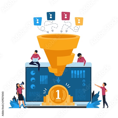 Funnel leads generation. Inbound marketing and attracting customers strategy, increasing conversion rate concept. Vector illustration vibrant creative concepts identify potential customer