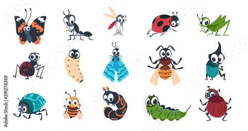 Cute insects. Cartoon funny colorful bugs bees hornet butterfly caterpillar spider with cute faces for vector children illustration. Vector illustration clipart wild insect with wings and caterpillar