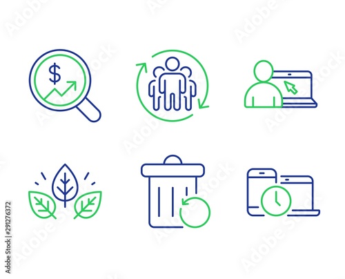 Organic tested, Teamwork and Online education line icons set. Recovery trash, Currency audit and Time management signs. Bio ingredients, Employees change, Internet lectures. Backup file. Vector