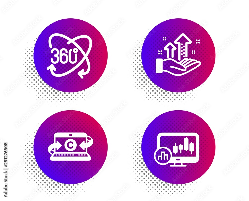 Copywriting notebook, Full rotation and Analysis graph icons simple set. Halftone dots button. Candlestick chart sign. Writer laptop, 360 degree, Targeting chart. Report analysis. Science set. Vector Copywriting notebook, Full rotation and Analysis graph icons simple set. Halftone dots button. Candlestick chart sign. Writer laptop, 360 degree, Targeting chart. Report analysis. Science set. Vector