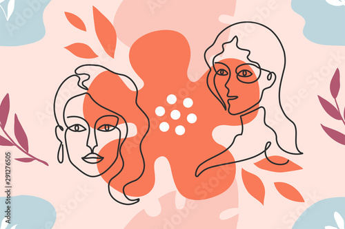 One line background. Modern minimal poster with women faces and abstract shapes. Vector abstract trendy banner with elegant drawing girl face contour on seamless pattern