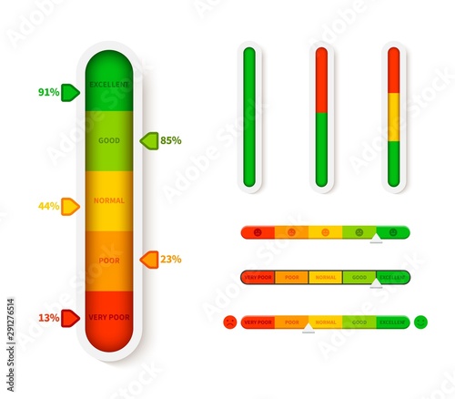 Vertical color level indicator. Progress bar template. Vector infographic illustration slider element measurement progression with arrow symbol