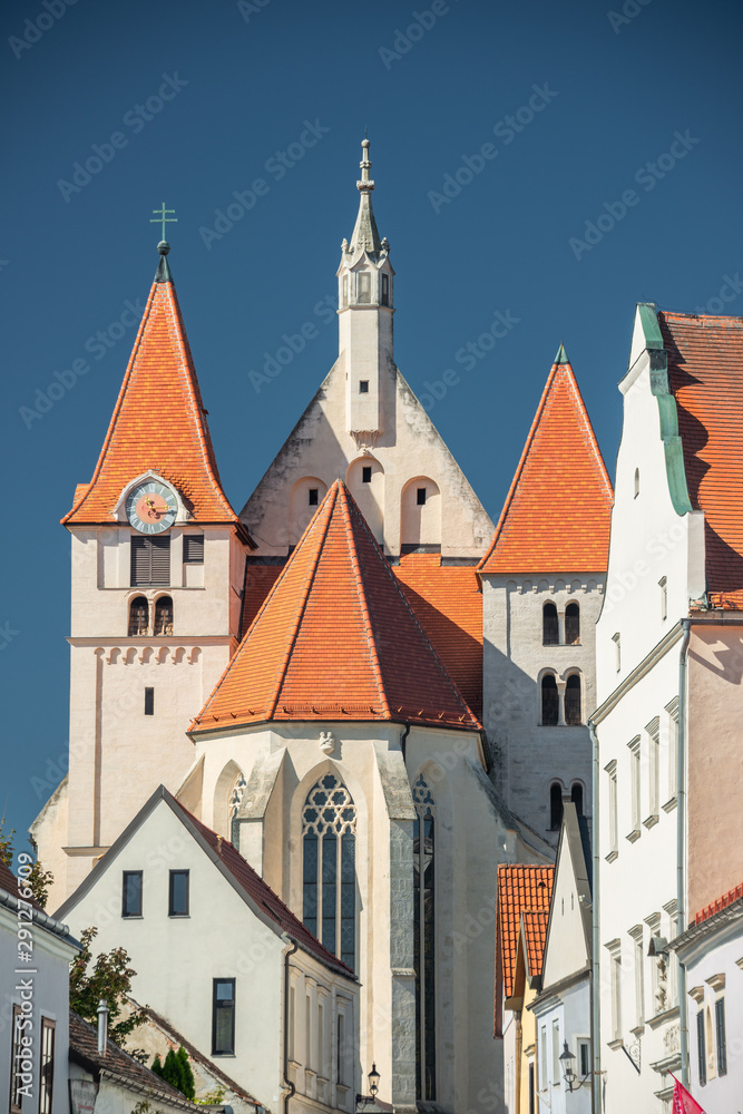 Fototapeta premium The Historic City of Eggenburg with Church and old City walls. Square, parish