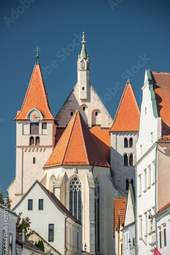 The Historic City of Eggenburg with Church and old City walls. Square, parish