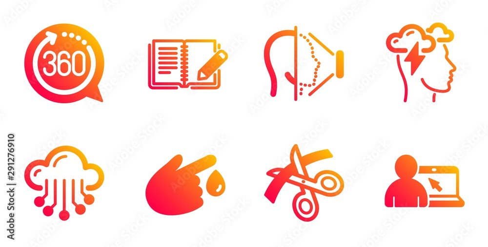 Cloud storage, Blood donation and Face id line icons set. Scissors, Mindfulness stress and 360 degrees signs. Feedback, Online education symbols. Data service, Injury. Science set. Vector