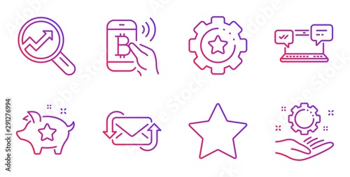 Internet chat, Analytics and Refresh mail line icons set. Bitcoin pay, Loyalty points and Settings gear signs. Star, Employee hand symbols. Online communication, Audit analysis. Vector
