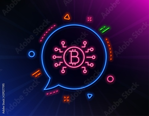 Bitcoin system line icon. Neon laser lights. Cryptocurrency scheme sign. Crypto money symbol. Glow laser speech bubble. Neon lights chat bubble. Banner badge with bitcoin system icon. Vector