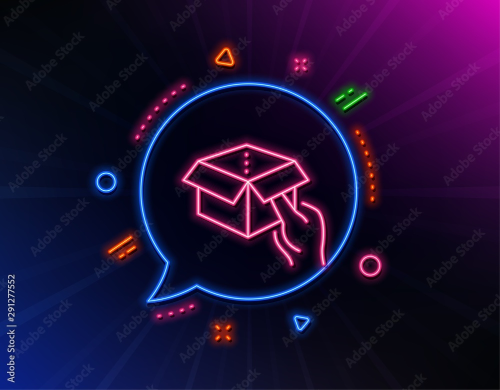 Hold open box line icon. Neon laser lights. Delivery parcel sign. Cargo package symbol. Glow laser speech bubble. Neon lights chat bubble. Banner badge with hold box icon. Vector
