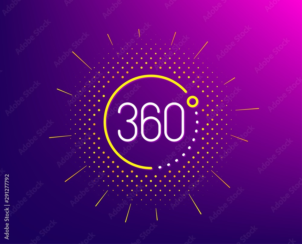 360 degrees line icon. Halftone pattern. VR simulation sign. Panoramic view symbol. Gradient background. 360 degrees line icon. Yellow halftone pattern. Vector 360 degrees line icon. Halftone pattern. VR simulation sign. Panoramic view symbol. Gradient background. 360 degrees line icon. Yellow halftone pattern. Vector