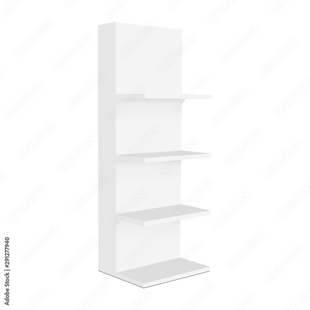 Blank display stand with shelves mockup - side view. Vector illustration