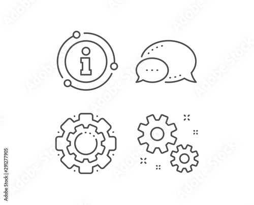 Work line icon. Chat bubble, info sign elements. Business management sign. Cogwheel or gear symbol. Linear work outline icon. Information bubble. Vector © blankstock