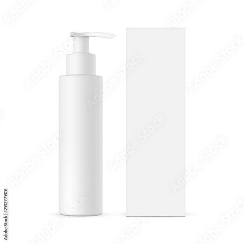 Paper packaging box and cosmetic bottle with press pump mockup. Vector illustration