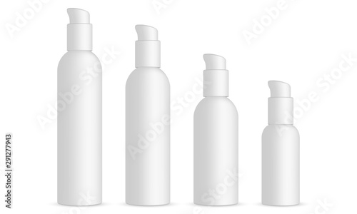 Plastic cosmetic bottles with dispenser pump isolated on white background. Vector illustration