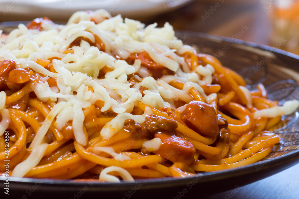 Filipino style spaghetti. Home-made sweet-style spaghetti. 