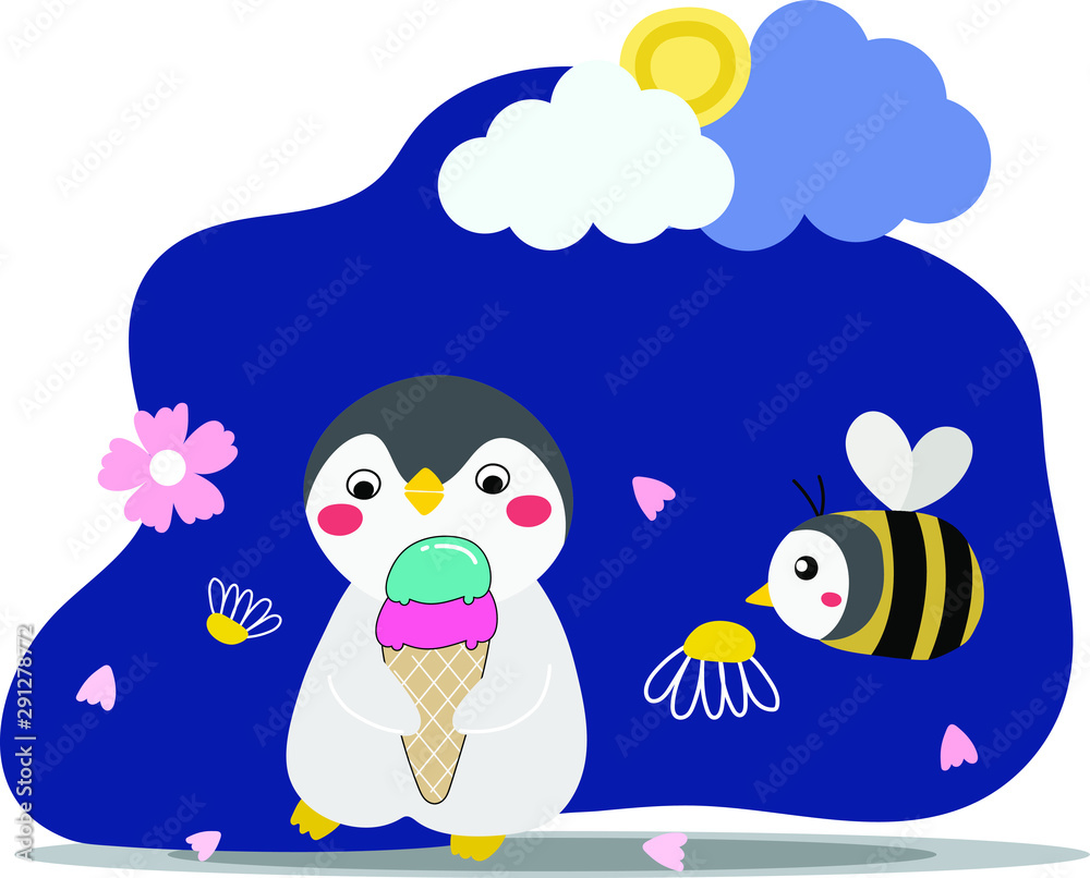 Obraz premium vector of cute penguin eat ice cream and wear bee costume in the night illustration. flowers flow in the dark blue sky.