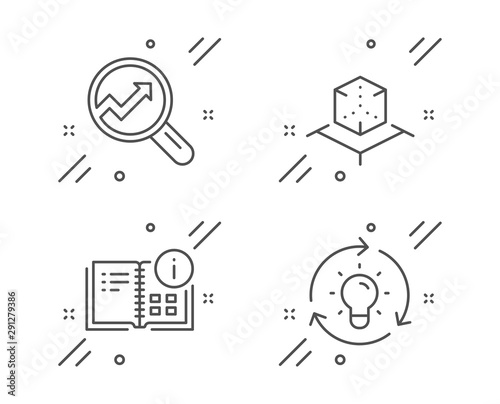 Augmented reality, Analytics and Instruction info line icons set. Idea sign. Virtual reality, Audit analysis, Project. Lightbulb. Science set. Line augmented reality outline icon. Vector