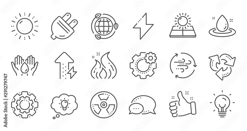 Energy line icons. Solar panels, wind energy and electric thunder bolt. Fire flame, hazard, green ecology icons. Linear set. Quality line set. Vector