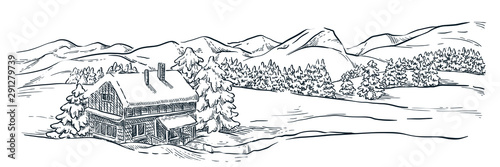 Wooden ski resort house in snowy winter mountains. Mountains, spruce, pine trees landscape, vector sketch illustration.