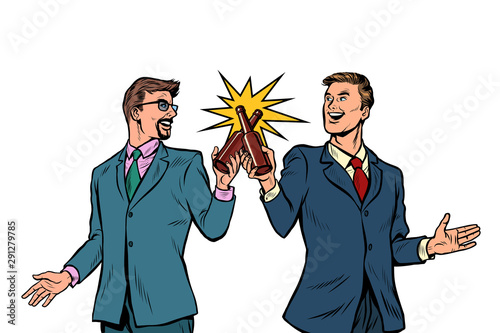 two businessman cheers bottles of beer for success Fototapet