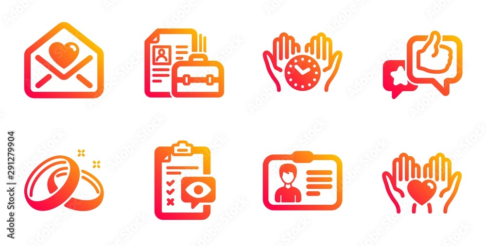 Eye checklist, Vacancy and Safe time line icons set. Like, Love letter and Identification card signs. Wedding rings, Hold heart symbols. Optometry, Hiring job. People set. Vector