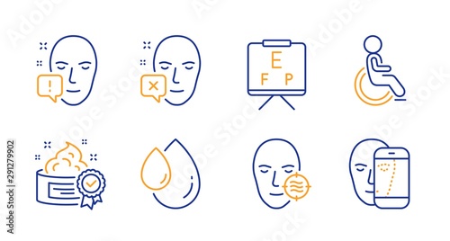 Vision board, Face attention and Problem skin line icons set. Oil drop, Cream and Disabled signs. Face declined symbol. Eye check, Exclamation mark. Medical set. Line vision board icon. Vector