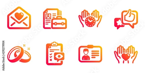 Eye checklist, Vacancy and Safe time line icons set. Like, Love letter and Identification card signs. Wedding rings, Hold heart symbols. Optometry, Hiring job. People set. Vector