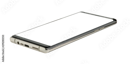 Blank screen of technology modern smartphone mock up isolated on white background with clipping path, perspective view