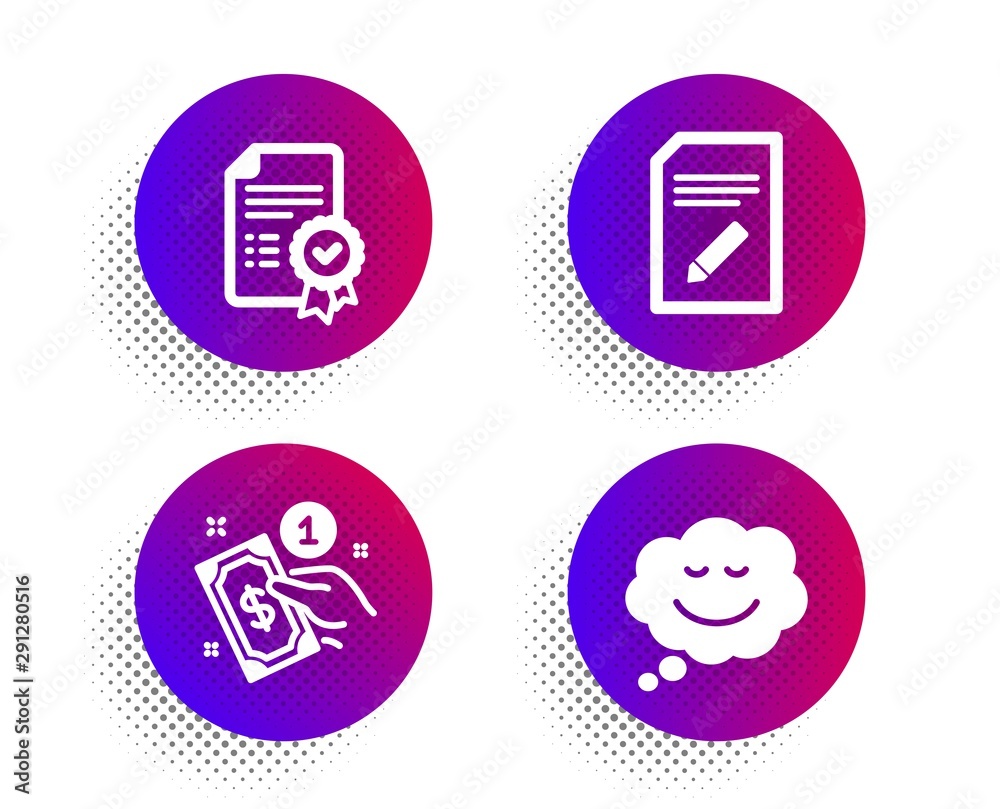 Edit document, Payment method and Certificate icons simple set. Halftone dots button. Speech bubble sign. Page with pencil, Give money, Verified document. Comic chat. Business set. Vector Edit document, Payment method and Certificate icons simple set. Halftone dots button. Speech bubble sign. Page with pencil, Give money, Verified document. Comic chat. Business set. Vector