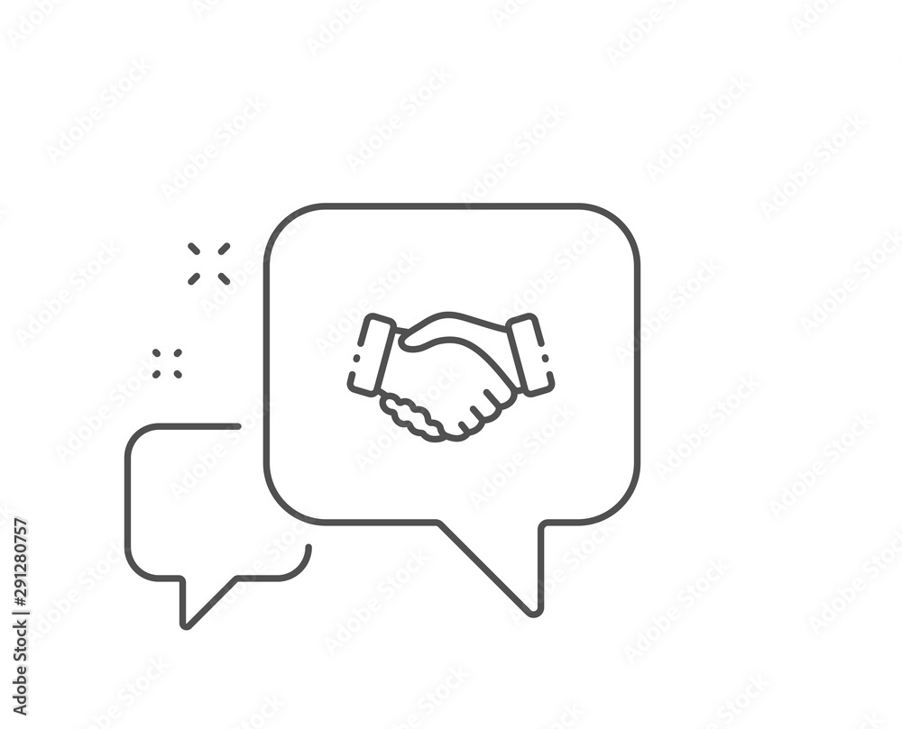 Handshake line icon. Chat bubble design. Hand gesture sign. Business deal palm symbol. Outline concept. Thin line handshake icon. Vector Handshake line icon. Chat bubble design. Hand gesture sign. Business deal palm symbol. Outline concept. Thin line handshake icon. Vector