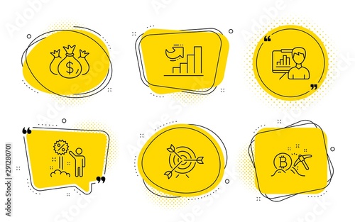 Discount, Presentation board and Bitcoin mining signs. Chat bubbles. Target, Check investment and Growth chart line icons set. Targeting, Business report, Diagram graph. Sale shopping. Vector