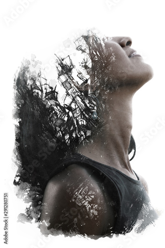 Paintography. Double Exposure portrait of a young woman with head titled backwards combined with hand drawn ink painting