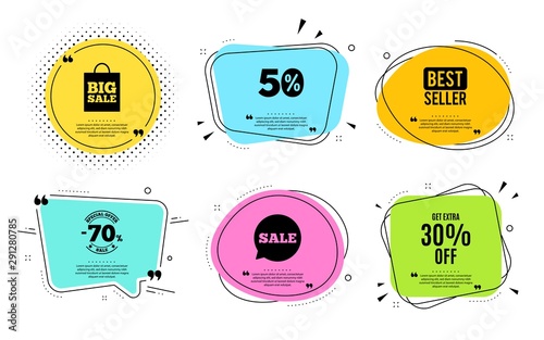 Get Extra 30% off Sale. Best seller, quote text. Discount offer price sign. Special offer symbol. Save 30 percentages. Quotation bubble. Banner badge, texting quote boxes. Extra discount text. Vector