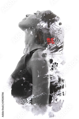 Paintography. Double Exposure portrait of a young beautiful woman combined with hand drawn ink painting of geometrical shapes and lines and word BE written in red