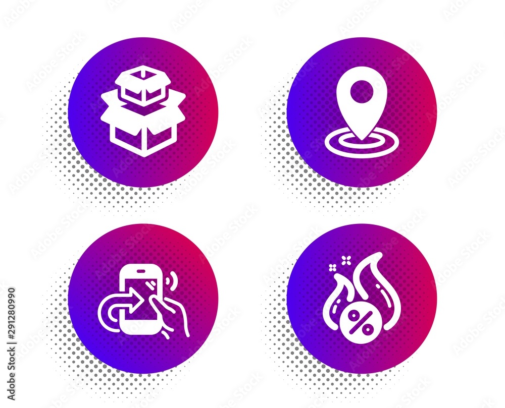 Packing boxes, Location and Share call icons simple set. Halftone dots button. Hot loan sign. Delivery box, Map pointer, Phone support. Discount offer. Technology set. Vector Packing boxes, Location and Share call icons simple set. Halftone dots button. Hot loan sign. Delivery box, Map pointer, Phone support. Discount offer. Technology set. Vector