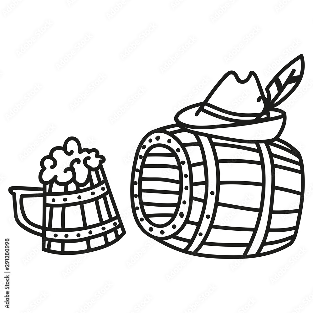 Fototapeta premium Cartoon doodle hand drawn beer banner. Brewing Festival. Brewery signboard. Funny artwork. Contour picture with barrel and beer mug.
