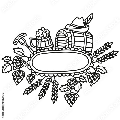 Cartoon doodle hand drawn beer banner. Brewing Festival. Brewery signboard. Funny artwork. Contour picture with hops, malt, barrel, beer mug and sausage.